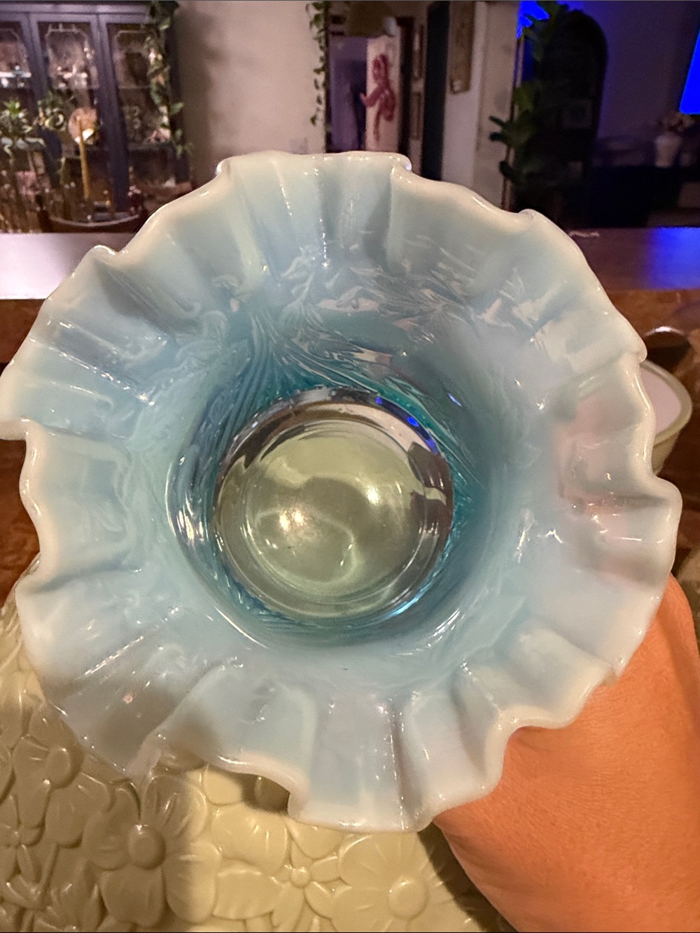 Blue Ruffled Milk Glass Vase - Vintage-Style CHERRY FENTON GLASS - Picture 2 of 4